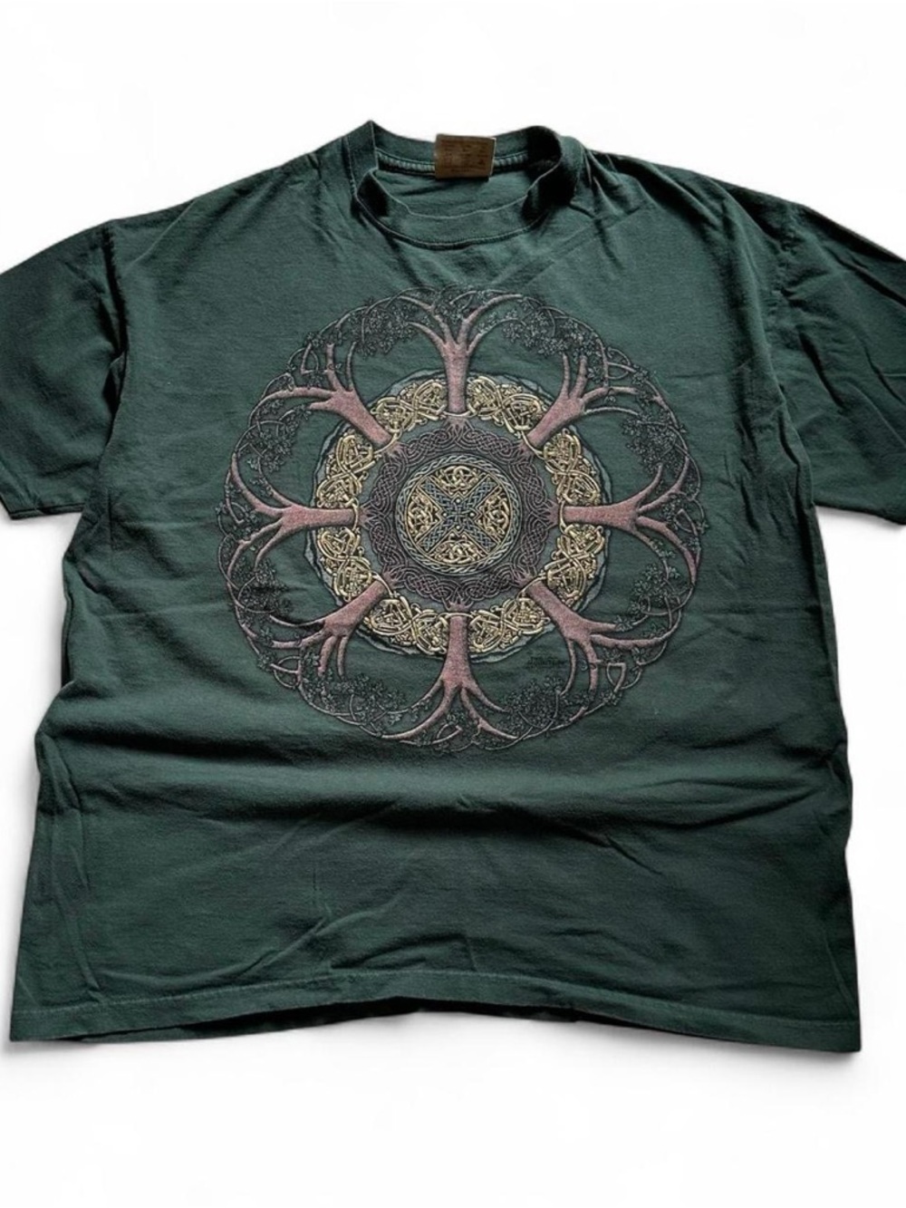 Vintage 90s Men's Dark Green Graphic T-Shirt with Celtic Tree Mandala XL
